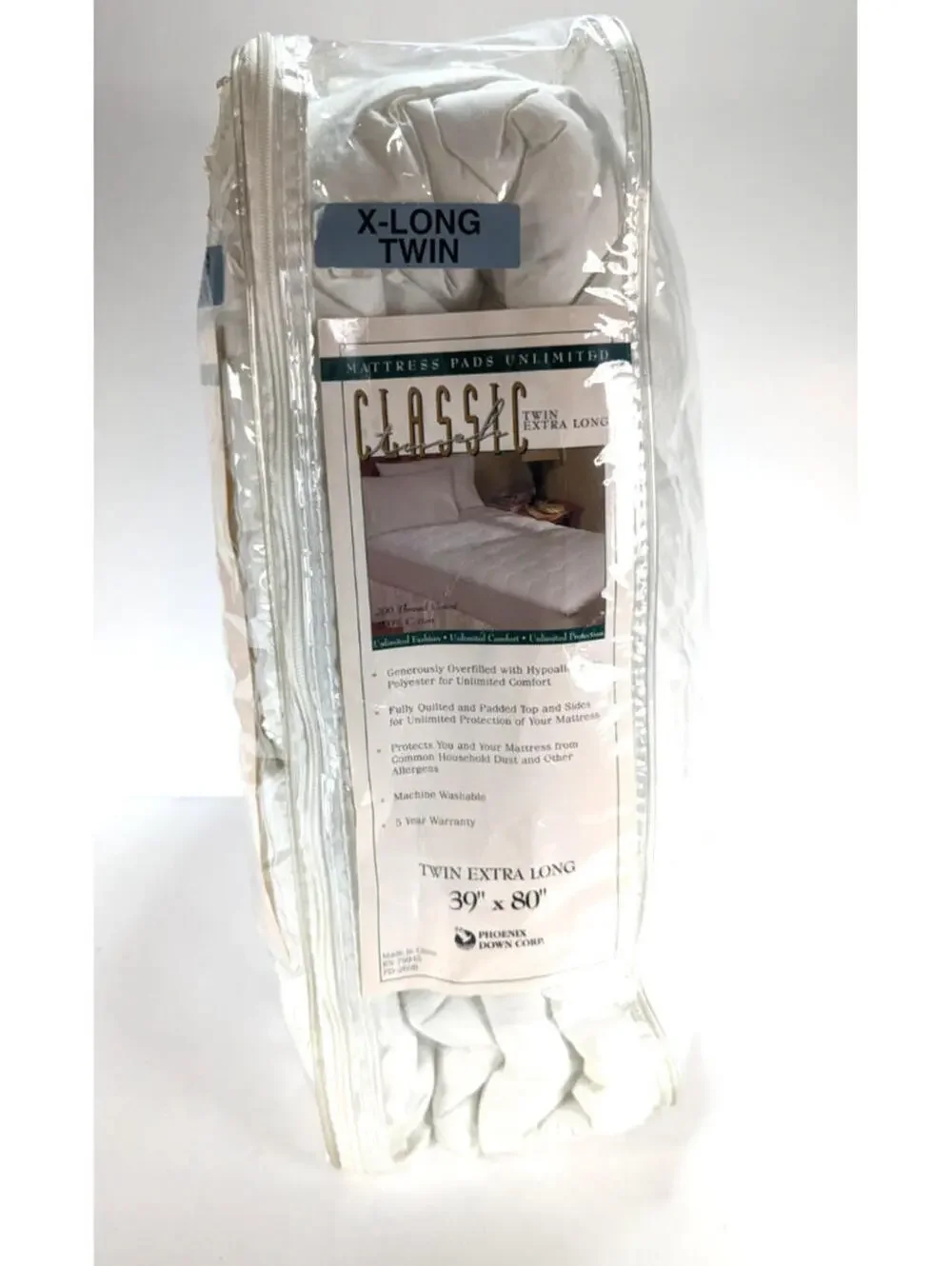 NWT Classic Mattress Pad Twin XL White Phoenix Down Co Cotton Top Poly Fill